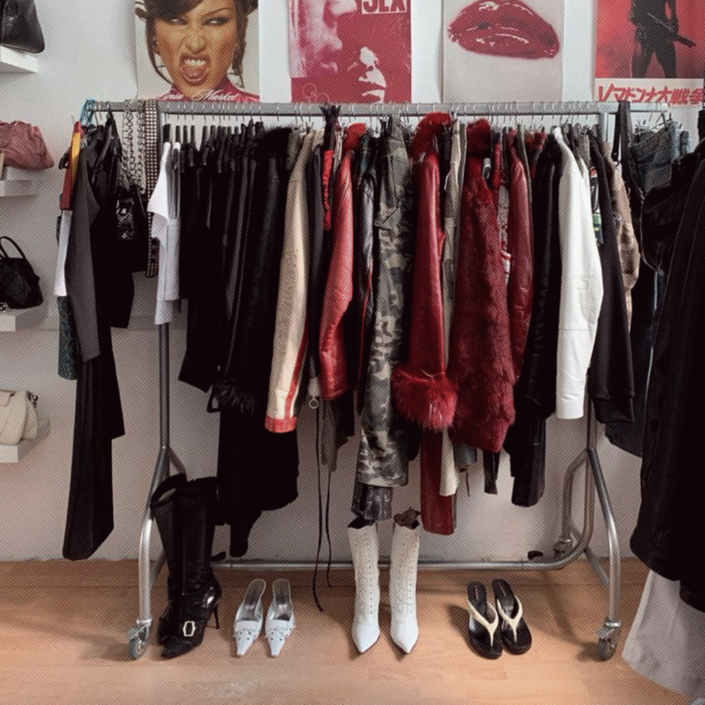 arara (cabideiro) com várias peças de roupas penduradas e alguns calçados no chão.