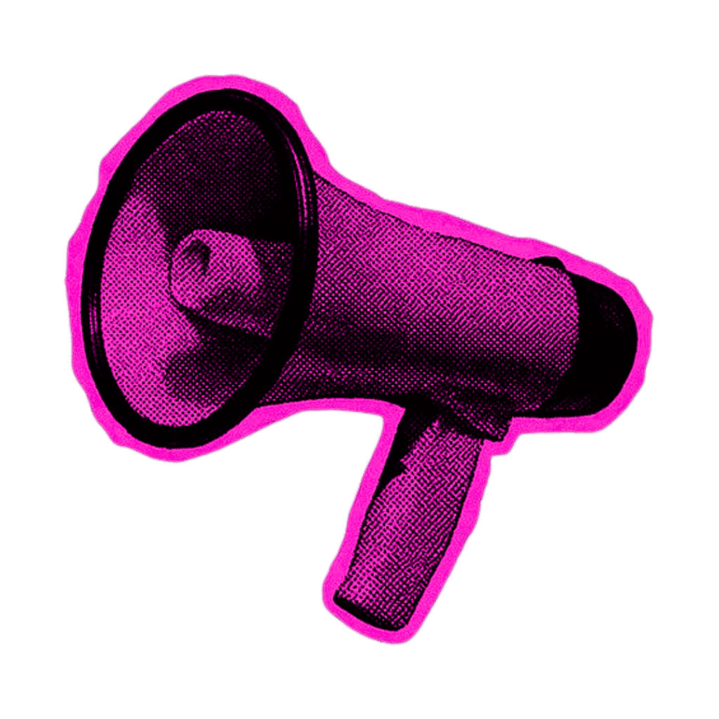 imagem de um megafone pixelado. a imagem foi colocada toda em tons de rosa e preto.